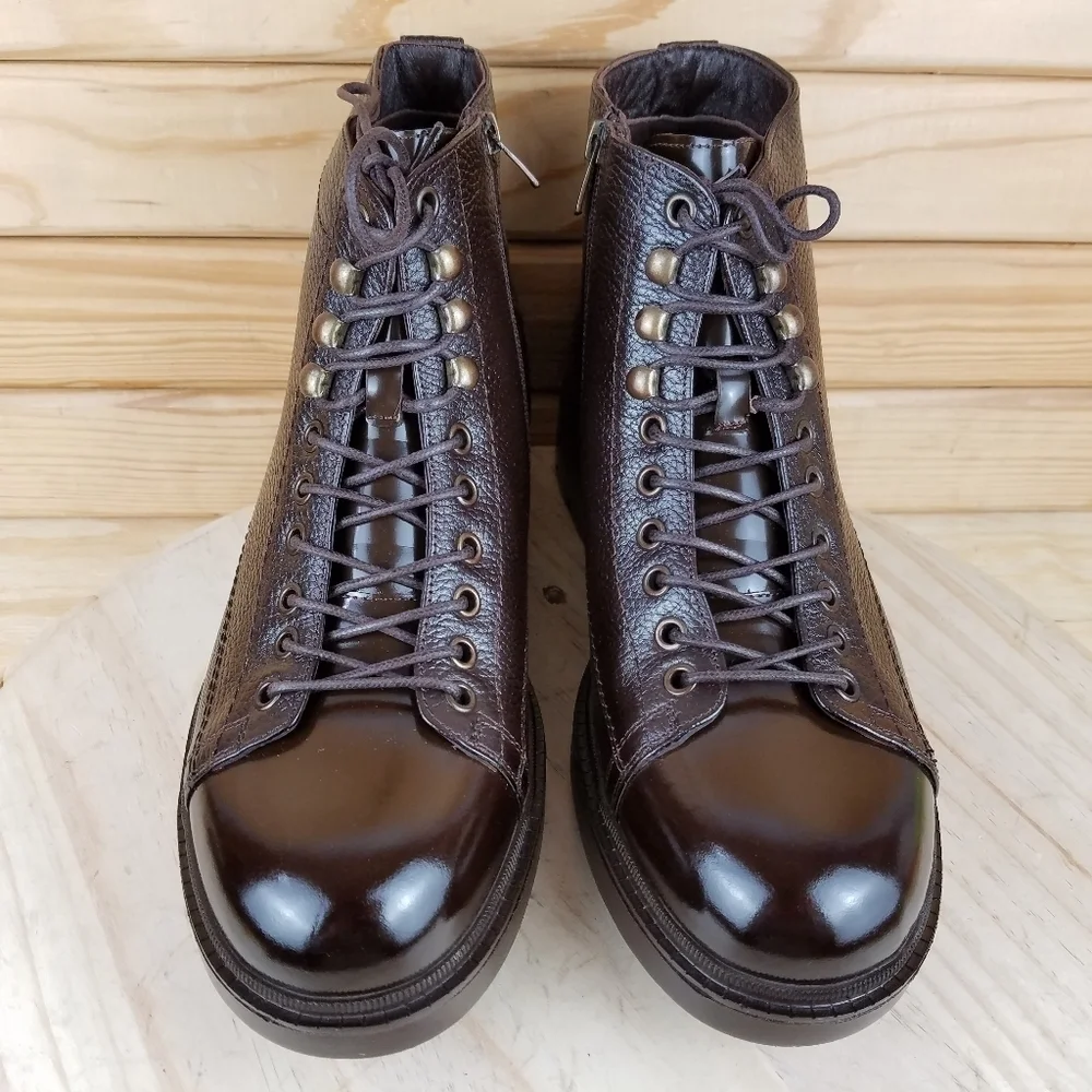 Men's 100% Genuine Leather Brown Ankle Boots by Paul Branco Side Zip Lace-up 11M